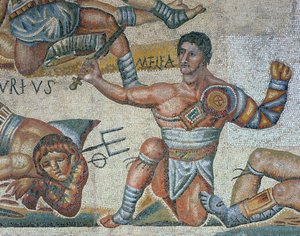 Mosaico che mostra una scena di gladiatori combattenti, dettaglio di un gladiatore trionfante