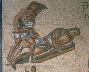 Mosaico con una scena di gladiatori in lotta (dettaglio)