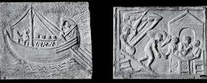 Rilievo raffigurante una nave mercantile (Museo Nazionale, Roma) e rilievo raffigurante lo scarico di una nave (Museo Torlonia, Roma) III o IV secolo da Roman Roman