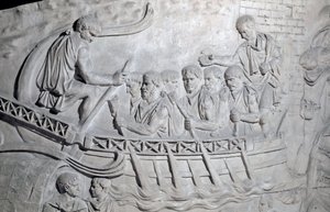 Arte romana: soldati romani su una galea sul Danubio durante la Prima Guerra in Dacia. Stampo del 1862 che riproduce i bassorilievi della colonna di Traiano (Colonna Traiana) a Roma costruita durante il regno dell