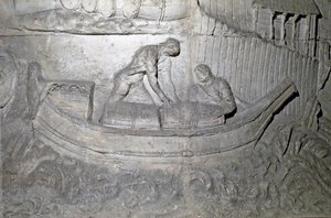 Arte romana: barca carica di provviste sul Danubio durante la Prima Guerra in Dacia. Stampo del 1862 che riproduce i bassorilievi della colonna di Traiano (Colonna Traiana) a Roma costruita durante il regno dell