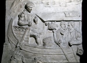 Arte romana: soldati romani su una nave durante la prima guerra in Dacia. Stampo del 1862 che riproduce i bassorilievi della colonna di Traiano a Roma costruita durante il regno dell