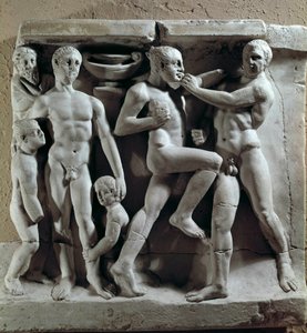 Arte romana: scena di pugilato. Bassorilievo. Museo della civiltà romana, Roma