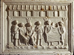 Arte romana: calco a basso rilievo che rappresenta un tessuto e arazzi. Da un originale del II secolo d.C. Roma, Museo della Civiltà Romana da Roman Roman