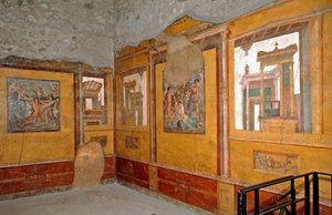 Arte romana: veduta della stanza gialla della Casa dei fratelli Vettii da Roman Roman