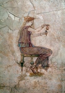 Donna seduta che versa profumo in un vaso da Roman Roman