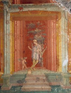 Scena teatrale, affresco (IV stile) su sfondo rosso dalla Casa di Pinario Ceriale, Pompei (Lista del Patrimonio Mondiale Unesco)