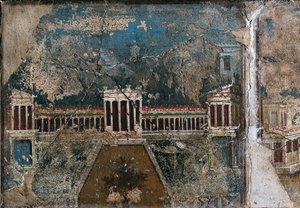 Affresco del terzo stile raffigurante paesaggio architettonico, (dettaglio) di edificio delimitato da portico colonnato, da Pompei da Roman Roman