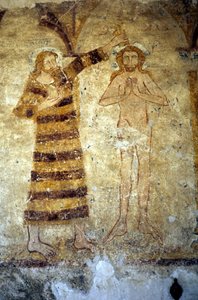 Affreschi del XII secolo nella chiesa parrocchiale romanica di Asnieres sur Vegre (Sarthe) raffiguranti Cristo battezzato da San Giovanni Battista