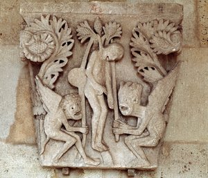 Impiccagione di Giuda (capitello scolpito) da Romanesque