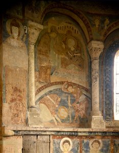 Arte romanica: dipinto raffigurante il martirio di San Lorenzo. Affresco. Cappella del Castello dei Monaci, Berzé-la-Ville, Francia da Romanesque