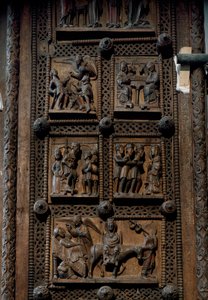 Arte romanica: porta di legno della metà del XII secolo della Chiesa di Santa Maria del Campidoglio a Colonia, Germania (Sankt Maria im Kapitol, Koln). Scene che raffigurano l