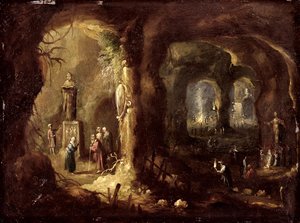 Grotta con statue e numerose figure che adorano idoli (San Simeone Stilita) da Rombout van Troyen