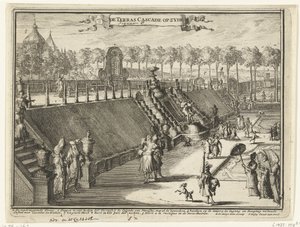 Veduta (di lato) di una cascata a terrazza nel parco del Palazzo Het Loo da Romeyn de Hooghe
