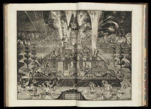 Grande spettacolo pirotecnico. Da "Il ritorno trionfale di Sua Maestà Britannica in Olanda" (CBL AL 146, pl.67) da Romeyn de Hooghe