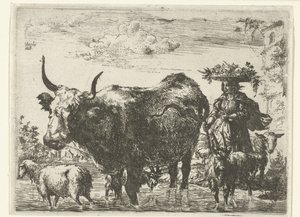 Pastorella con cesto sulla testa, una mucca, due capre e due pecore nell