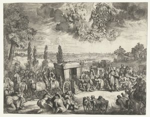 Carlo II di Spagna inginocchiato vicino a una carrozza da Romeyn de Hooghe