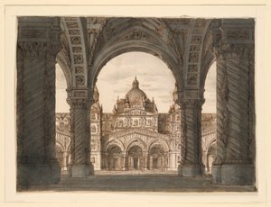 Scenografia, Facciata della Chiesa da una Loggia, I due Valdomiri di Felice Romani, musica di Pietro de Winter. Eseguito alla Scala, Milano, 1818 da Romolo Achille Liverani