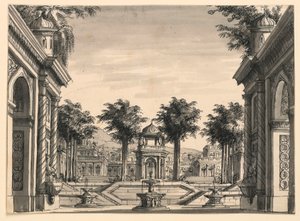 Scenografia, giardino del palazzo indiano per il balletto "Gengis Khan" di Luigi Henry da Romolo Achille Liverani