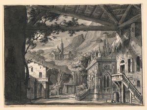 Scenografia: villaggio in paesaggio collinare, per L