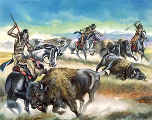 Nativi americani che uccidono i bisonti americani (guazzo su carta)