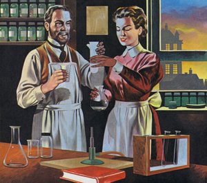 Pierre e Marie Curie nel loro laboratorio a Parigi (litografia a colori)
