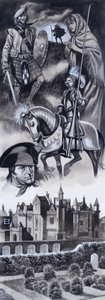 Castello scozzese e personaggi della storia scozzese (gouache su carta)