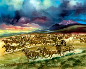 Coloni in corsa verso il territorio indiano da Ron Embleton