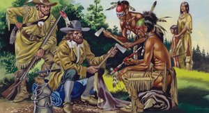 I francesi in Canada, che commerciano in pellicce con gli indiani nativi (gouache su carta)