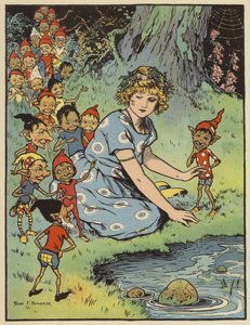 Ragazza circondata da folletti (litografia a colori) da Rosa Petherick