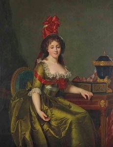 Ritratto di una signora, in un vestito di raso verde e un cappello con nastri rossi da Rose Adelaide Ducreux