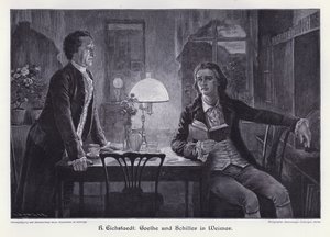 Scrittori tedeschi Friedrich Schiller e Johann Wolfgang von Goethe a Weimar (incisione)