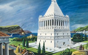 Il Mausoleo di Alicarnasso, completato nel 353 a.C. (gouache su carta) da Ruggero Giovannini