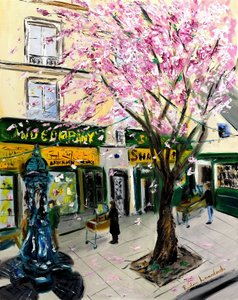 Fiori di ciliegio a Shakespeare and Co Paris - con decorazione dorata, 2023 da Ruslana Levandovska