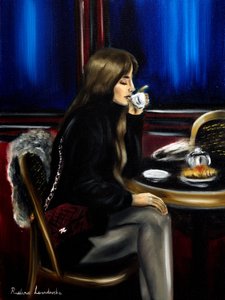 Donna in un caffè di Parigi II, 2024 (olio su tela) da Ruslana Levandovska