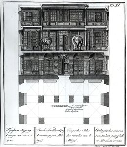 Vista in sezione della Sala delle Rarità verso sud, illustrazione nelle Camere della Biblioteca e Galleria dell