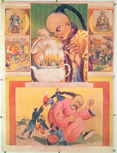 Poster comico russo che satira gli europei in Cina, stampato a Mosca, Russia, 1900