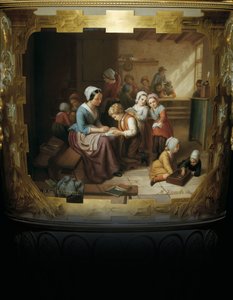 Dettaglio dipinto da un vaso a due manici in porcellana e foglia d