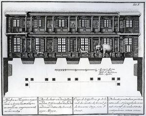 Vista in sezione del secondo e terzo piano della Sala delle Rarità verso est, illustrazione nelle Camere della Biblioteca e Galleria dell