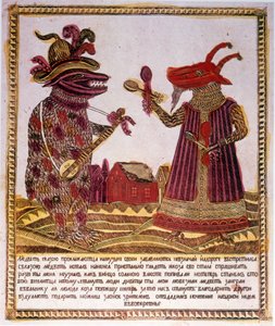 Illustrazione tradizionale a colori di una storia su un orso e una capra. Russo c.1830 da Russian School