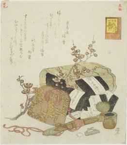 Alga, custodia portatile per la scrittura e ramo di prugna, no. 5 della serie "Le imprese del coniglio (Usagi tegarabanashi)". da Ryuryukyo Shinsai