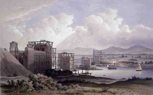 Ponte Tubolare Britannia sullo Stretto di Menai, durante la costruzione nel 1848, litografia di Day and Son da S. (after) Russell
