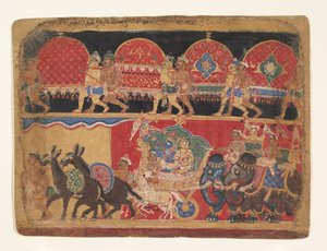 Krishna e le fanciulle Kshatriya procedono verso Dvaraka