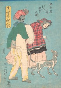 Una giovane signora francese e un servitore siamese che portano a spasso un cane da Sadahide Utagawa