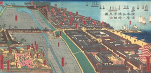 Stampa Dettagliata di Yokohama Hon-cho e il Quartiere del Piacere Miyozaki, 4° mese, 1860 da Sadahide Utagawa