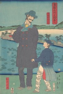 Olandese e bambino che osservano il santuario di Benten allo stagno di Shinobazu da Sadahide Utagawa