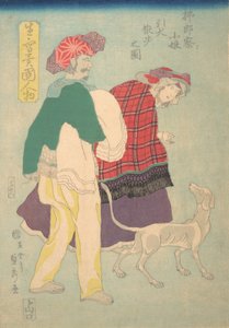 Ragazza francese che porta a spasso un cane accompagnata da un servitore siamese da Sadahide Utagawa
