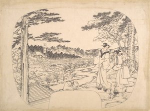 Due donne che ammirano i panorami da un punto di osservazione...il tempio Zenpukuji da Sadahide Utagawa