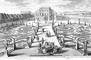Veduta di un giardino e casa a Josefstadt, Vienna, inciso da Johann August Corvinus (1683-1738) da Salomon (after) Kleiner