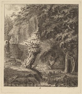 Paesaggio boscoso con un albero capitozzato da Salomon Gessner